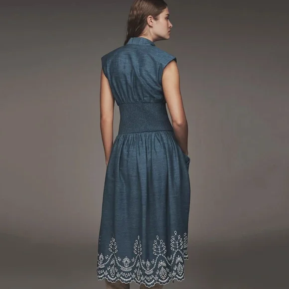 NWT Anthropologie Tommie Denim Chambray Zip Eyelet Embroidered Trim Dress Medium - Picture 4 of 6